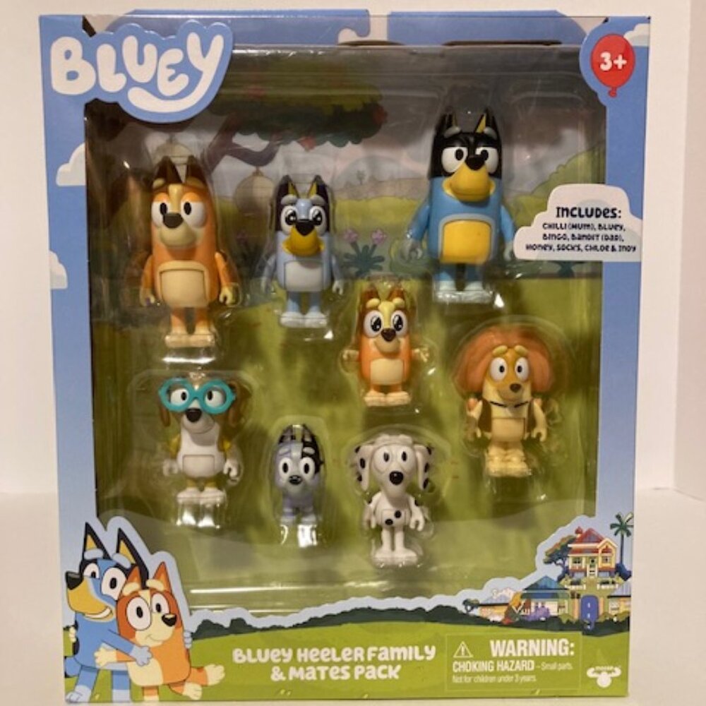 NIB Bluey Heeler Family & Mates Pack 8 Figures Honey/Socks/Chloe/Indy
